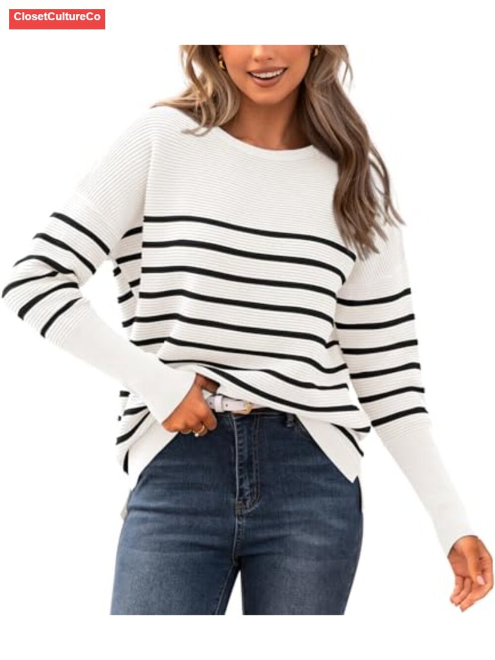 Ribbed Knit Sweater Loose Fit Long Sleeve Pullover Top